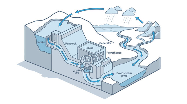 Hydroelectric power plant water cycle diagram.