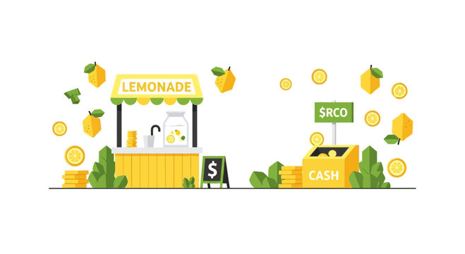 Flat Vector Illustration of Lemonade Stand and Cash Revenue Concept