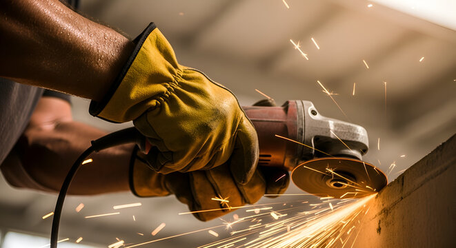 Industrial worker wearing safety gloves using an angle grinder cutting metal with bright glowing sparks in a workshop