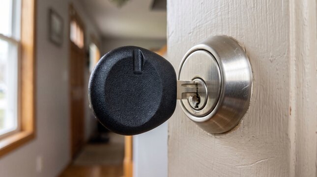 Accessible door lock with a black key inserted into a modern deadbolt mechanism inside a home