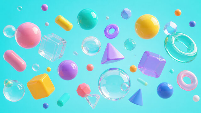 Colorful floating geometric shapes on turquoise background