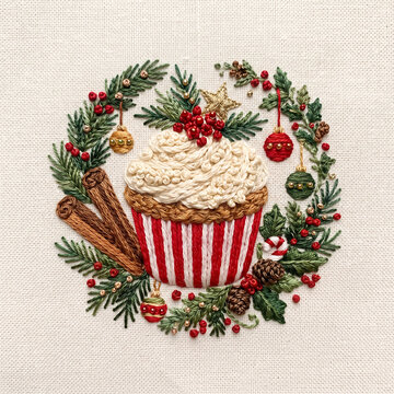 Festive holiday cupcake with red and white stripes surrounded by christmas greenery and ornaments.