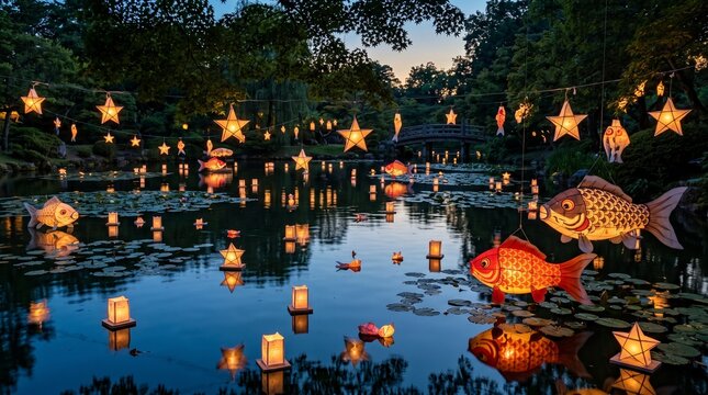Illuminated Koi Fish and Star Lanterns Floating Over Garden Pond