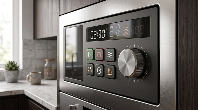 Accessible modern built-in kitchen microwave oven with digital touch panel display and rotary knob