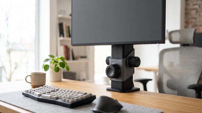 Accessible and ergonomic computer desk setup with an adjustable monitor mount on a wooden table in a bright modern home office
