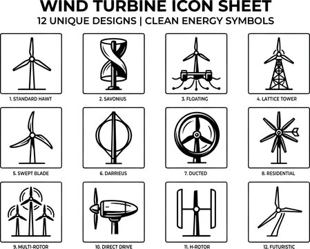 Wind Turbine Icon Sheet &ndash; 12 Unique Clean Energy Vector Designs for Renewable Power Generation