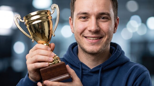 A happy young man holding a golden trophy cup after winning a trivia competition