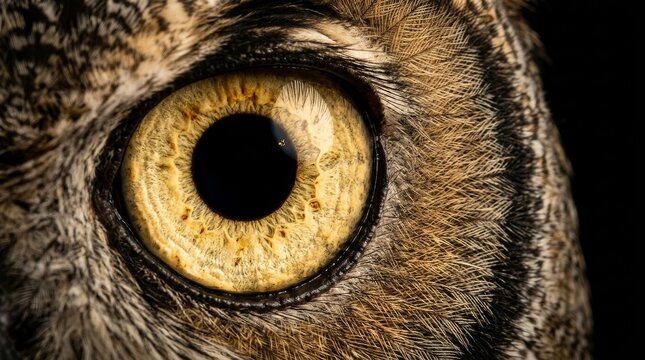 Owl eye extreme close up showing intricate yellow iris patterns, dark pupil, and surrounding textured brown feathers in sharp macro detail highlighting natural wildlife predator vision