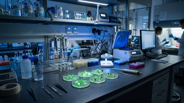 Plant tissue culture in petri dishes on laboratory desk with scientist working on biotechnology research background