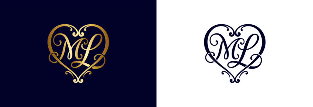 Heart monogram M L elegant golden flourish for wedding invitations and love.