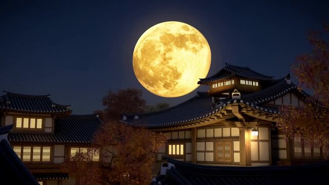 Giant full moon above traditional Japanese temple architecture rooftop at night, golden super moon rising over historic wooden house with warm lighting and autumn foliage