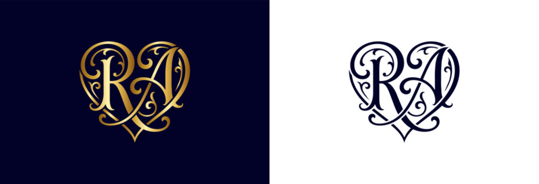 Elegant RA monogram heart shape in gold and navy for wedding invitations.