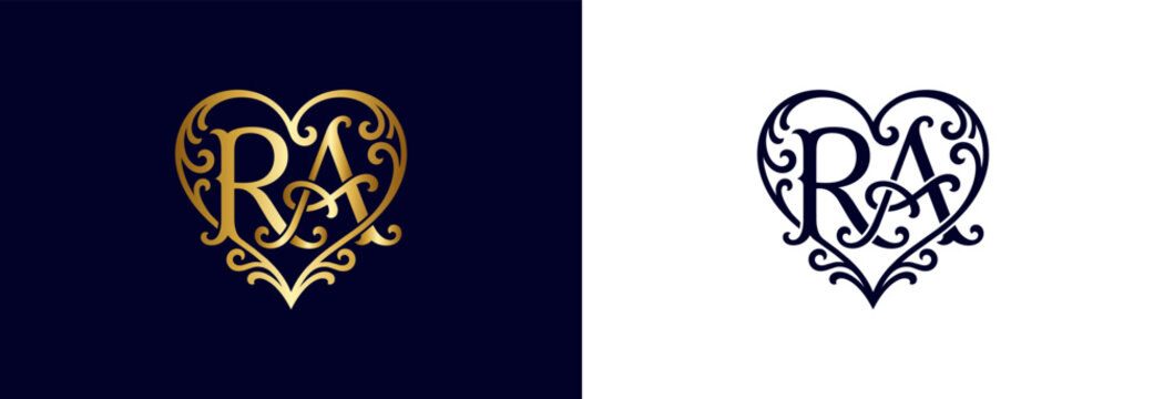 Elegant ra monogram heart shape vintage logo ornate filigree for wedding invitations.