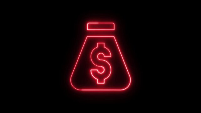 Red glowing neon money bag icon with a dollar sign symbol.