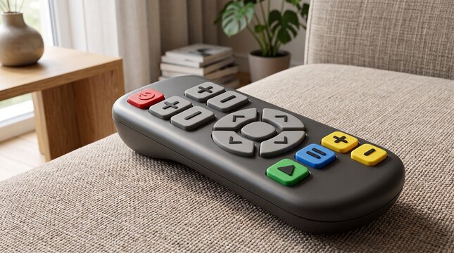 Accessible TV remote control with large simplified buttons lying on a modern fabric sofa couch