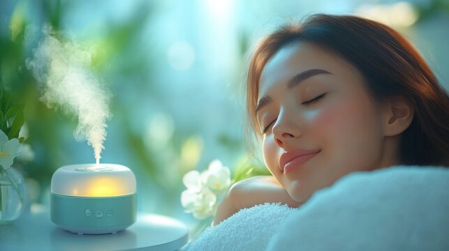A woman is peacefully resting at a spa, surrounded by soft towels and candles, while a diffuser releases calming scents into the serene atmosphere.