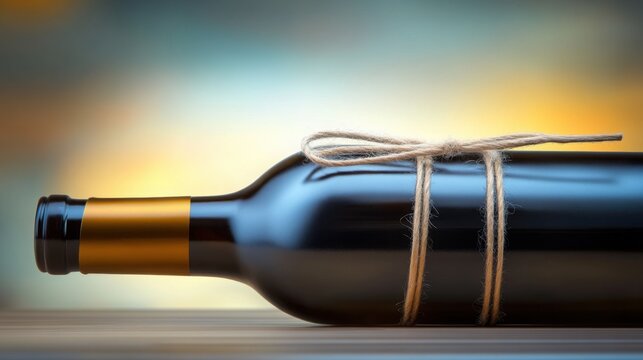 The wine bottle is adorned with a rustic paper label and a rich red wax seal, creating a striking composition against the textured wooden backdrop, embodying rustic charm.