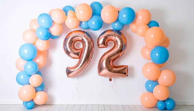 Festive 92nd Birthday Decoration with Rose Gold and Blue Balloon Arch