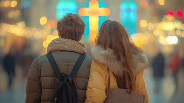 A congregation sits in a church hall, facing the front where a Catholic cross and beautiful stained glass windows create a serene atmosphere during a service.