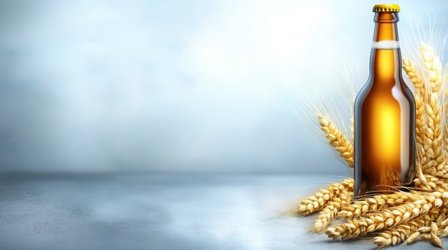 Dark beer bottle with elegant design and wax-sealed cap alongside golden wheat ears on a textured concrete background