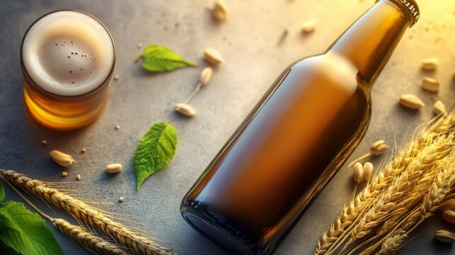 A striking dark beer bottle with a wax-sealed cap rests elegantly next to vibrant wheat ears on a textured concrete surface, inviting exploration.