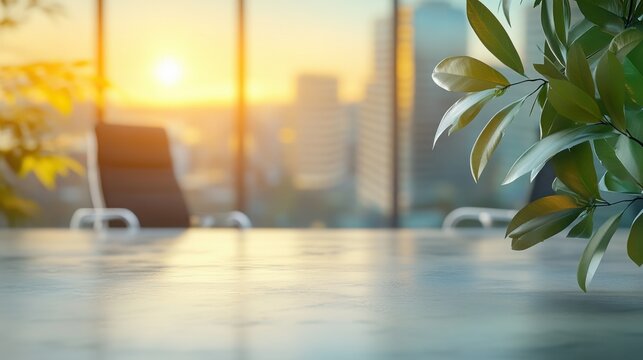 Modern office interior featuring greenery and natural light in a bright, inviting workspace