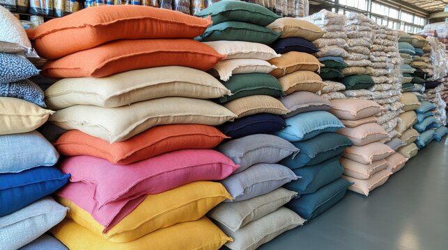 Rows of canvas bags and sacks containing grains, sugar, salt, and coffee fill a well-lit warehouse space, showcasing bulk storage efficiency and organization.
