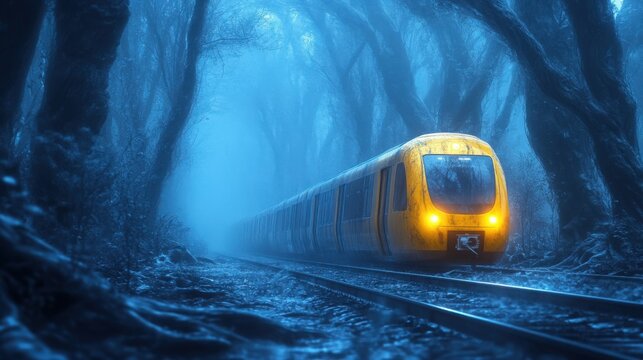 The vibrant yellow train glides along the tracks, navigating through a misty forest where the trees twist ominously, creating a surreal environment.