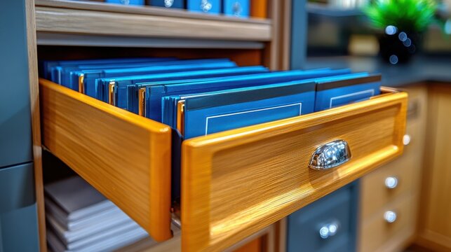 drawer cabinet with multiple open drawers displays an organized interior, accompanied by lush greenery in a sunlit modern room setting.