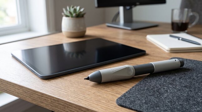 Accessible Digital Drawing Tablet and Stylus on Modern Wooden Workspace