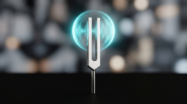Regaining Focus from Anxiety Concept Silver Tuning Fork Emitting Calming Cyan Soundwave Aura