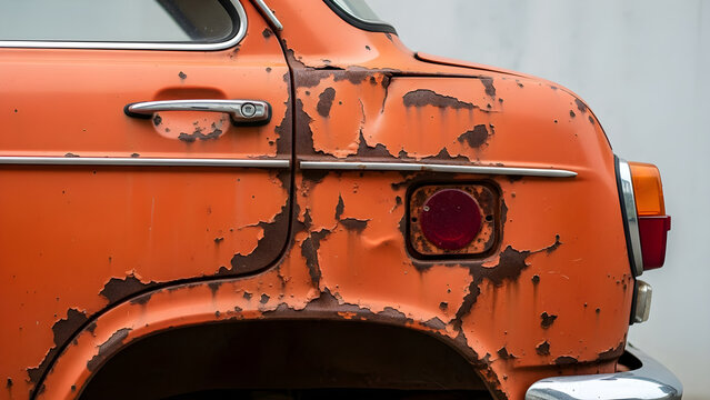 Side Profile of a Vintage Orange Car Showing Significant Paint Peeling and Rust Damage on the Bodywork