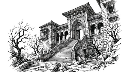 Obraz premium Gothic Castle Ink Drawing Architectural Sketch Illustration