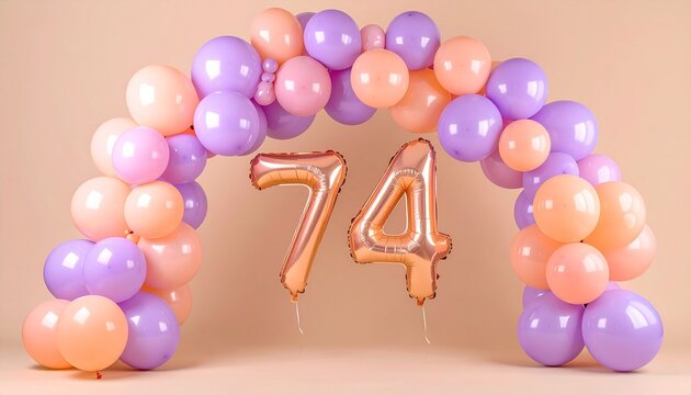 Balloons arch with number 74 in pastel peach and lilac colors for birthday