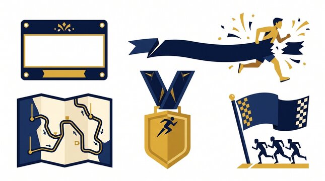 Marathon Race Running Event Flat Vector Icon Set