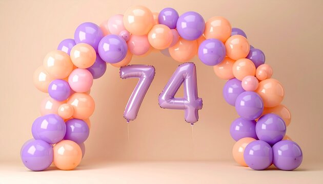 Pastel Purple and Peach Balloon Arch with Number 74 for Anniversary
