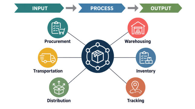 Supply chain ecosystem infographic with colorful icon hub