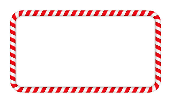 Christmas candy cane striped border. Ren and white candy cane frame. Festive sweet graphic for holiday card, flyer or invitation. Vector illustration.