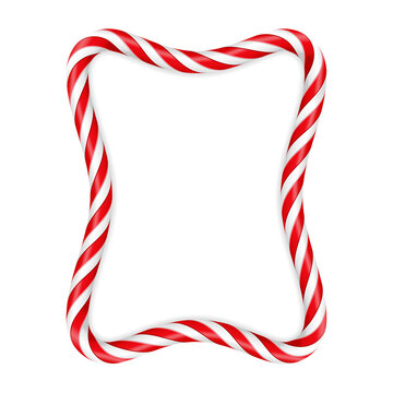 Christmas candy cane rectangular frame. Twisted red and white striped candy border. Festive seasonal ornament for greeting card, invitation or holiday template. Vector illustration