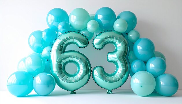 Mint and sky blue number 63 balloon party decoration backdrop banner
