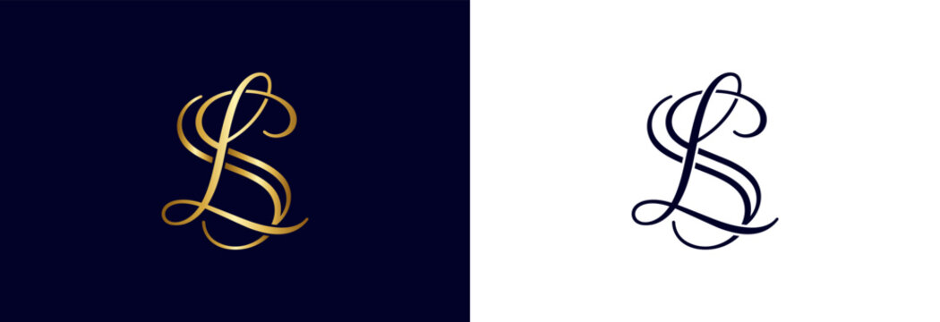 Stylized sl logo design in gold on navy and white backgrounds for premium brands.