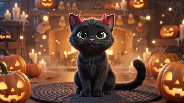 Spooky Halloween Black Cat With Devil Horns Surrounded By Pumpkins 4K!