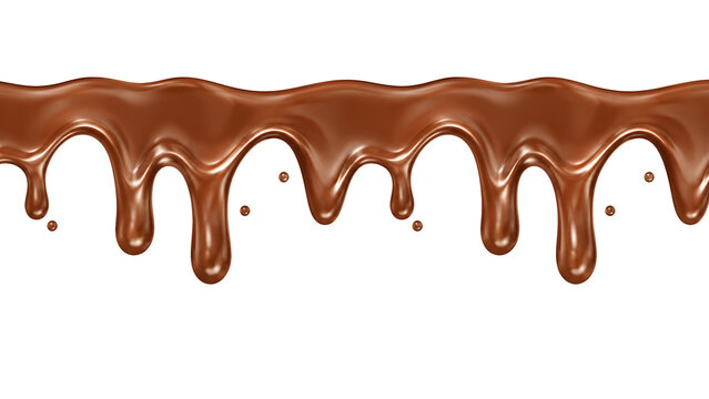Dripping melted chocolate border with droplets flowing down isolated on transparent background