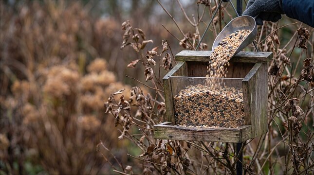 Filling backyard bird feeder with mixed seeds