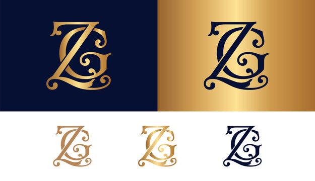 Elegant monogram zg luxury emblem gold and navy blue vintage logo design.