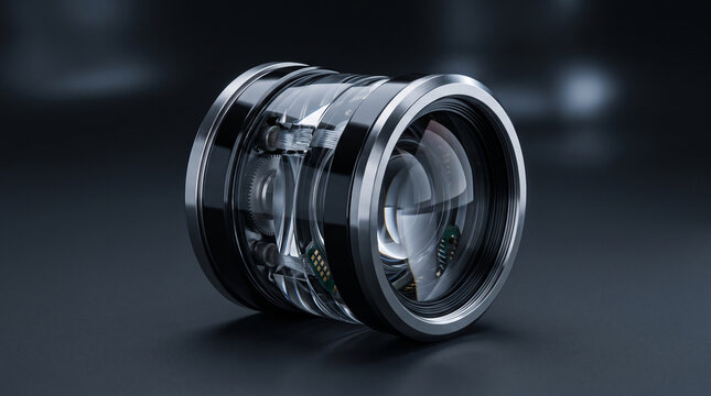 Transparent camera lens revealing optical and mechanical components
