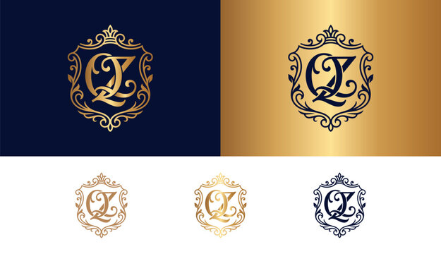 Ornate royal qz monogram emblem with crown and baroque frame for boutique logo.