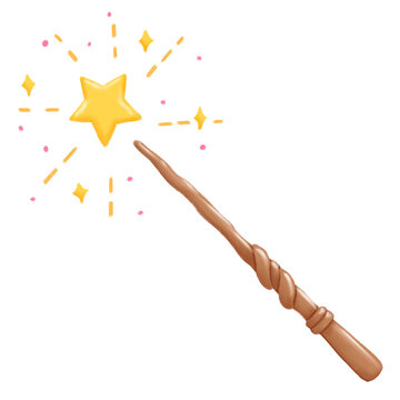 Hand Drawn Magic Wand with Sparkling Star Clipart Isolated on Transparent Background