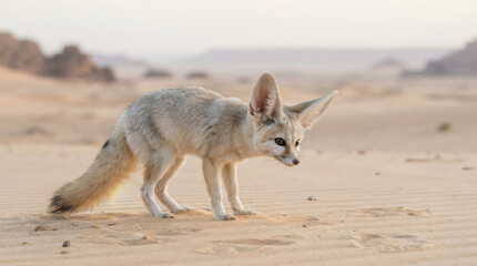 Fototapeta premium Desert Fennec Fox: A fennec fox with its characteristic large ears stands on the sandy desert floor, surrounded by arid dunes under a soft, hazy sky.