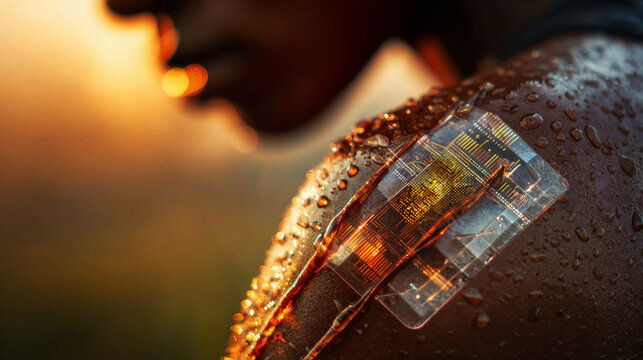Macro shot of athlete's skin with transparent bio-integrated sensor patch